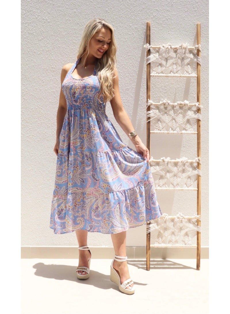 Alorabella Luna Elasticated Halter Dress - Blue  - Image 2