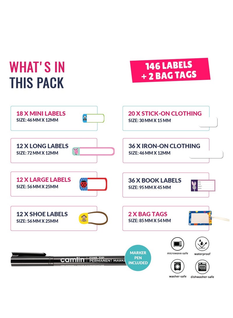 Beauenty The Ultimate Label Pack | 148 Waterproof Name Labels for Kids School Supplies | Includes Writable Name Sticker, Tags for School Bag, Stick-on Clothing Labels, Iron on Clothes Tags  Book Stickers - Image 3