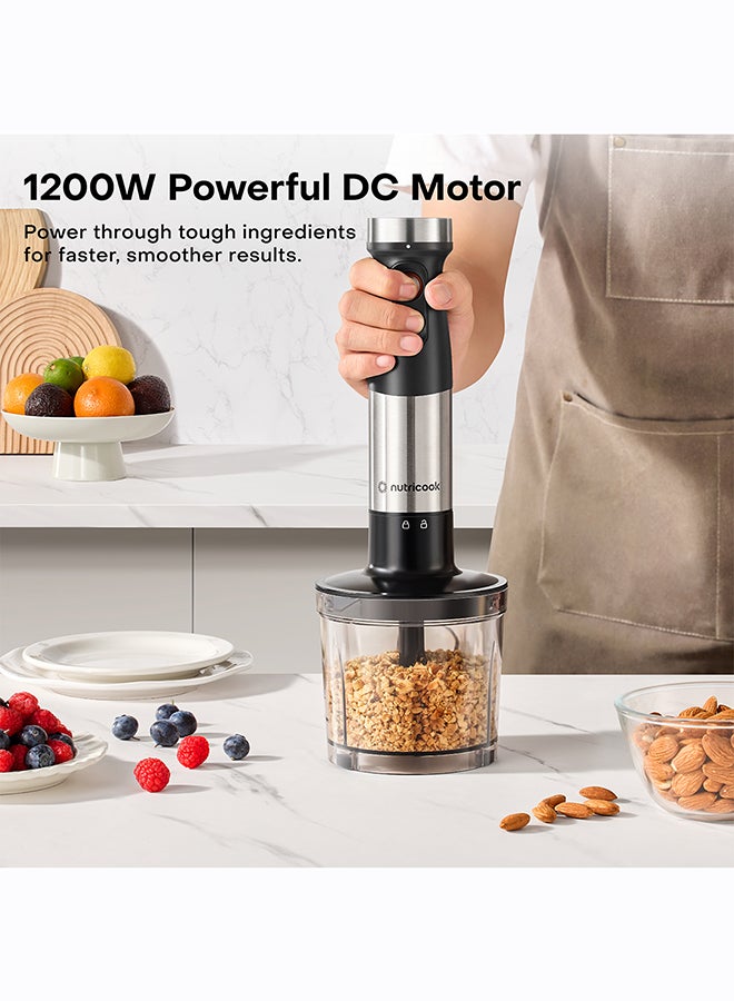 نيوتري كوك خلاط يدوي 1200 واط محرك DC مع 20 سرعة متغيرة، وعاء قياس سعة 700 مل، وعاء تقطيع سعة 500 مل، شفرات من الفولاذ المقاوم للصدأ، خفاقة 4 في 1 للخلط، التقطيع، الخفق، والرغوة ضمان لمدة سنتين - Image 4