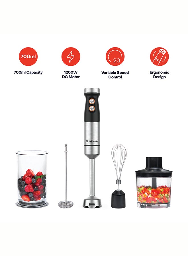 Hand Blender 1200W DC motor with 20 variable speed, 700ml Beaker,500ml Chopping Bowl, Stainless Steel Blades, Whisk 4in1 Blend,Chop,Whisk,Froth 2-Year Warranty NC-HB100 Stainless Steel