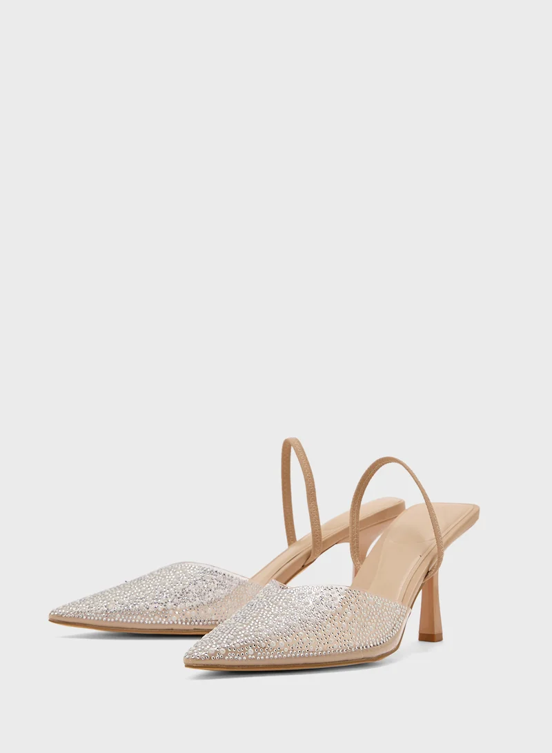 Truffle Diamante Detail Clear Perspex Slingback High Heel Pump.