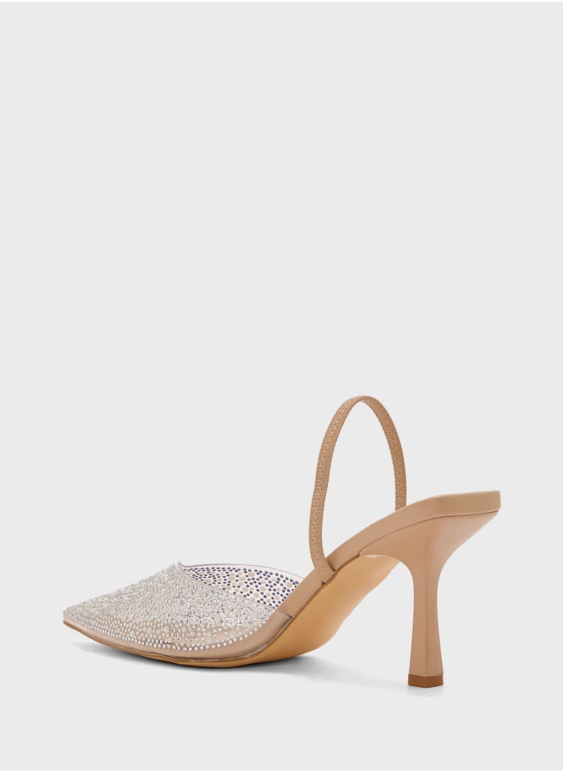 Truffle Diamante Detail Clear Perspex Slingback High Heel Pump.  - Image 3
