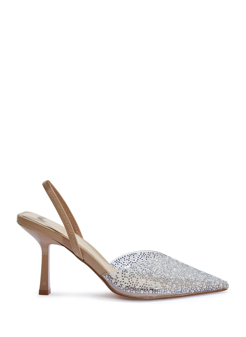 Truffle Diamante Detail Clear Perspex Slingback High Heel Pump.