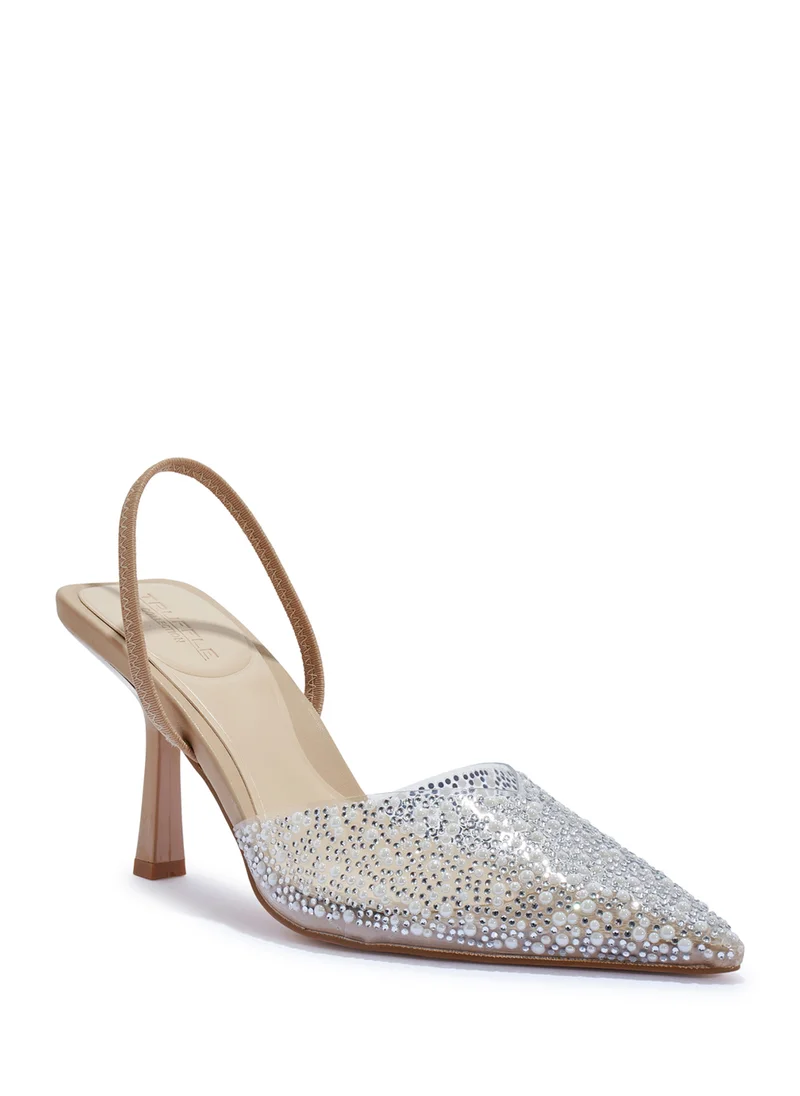 Truffle Diamante Detail Clear Perspex Slingback High Heel Pump.