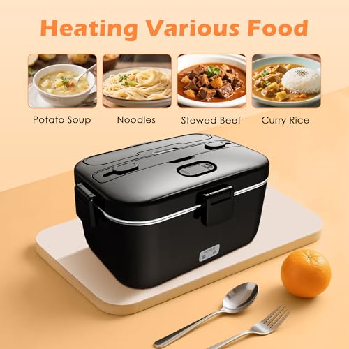 COZYEXPERT Electric-Lunch-Box-Heated-Food-Warmer 100W Heating Lunchbox for Adults 1.8L Portable Food Heater for Work/Car, 12V/24V/110-230V Lonchera Eléctrica Portátil with Fork Spoon (Black) - Image 4