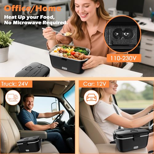 COZYEXPERT Electric-Lunch-Box-Heated-Food-Warmer 100W Heating Lunchbox for Adults 1.8L Portable Food Heater for Work/Car, 12V/24V/110-230V Lonchera Eléctrica Portátil with Fork Spoon (Black) - Image 3