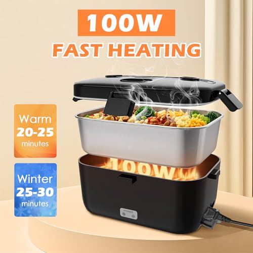 COZYEXPERT Electric-Lunch-Box-Heated-Food-Warmer 100W Heating Lunchbox for Adults 1.8L Portable Food Heater for Work/Car, 12V/24V/110-230V Lonchera Eléctrica Portátil with Fork Spoon (Black) - Image 2