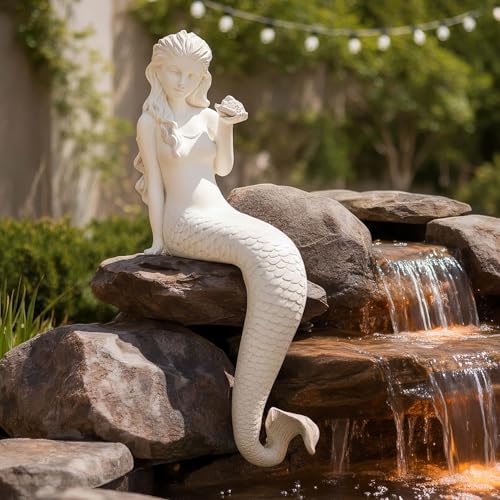 Ultym Mermaid Statue Outdoor, Large 25.6 Inch Garden Sculpture Figurines for Lawn and Patio Decor, Durable MGO Stone Yard Art with Weatherproof Finish for Indoor Decor Christmas Gift Antique White - Image 2