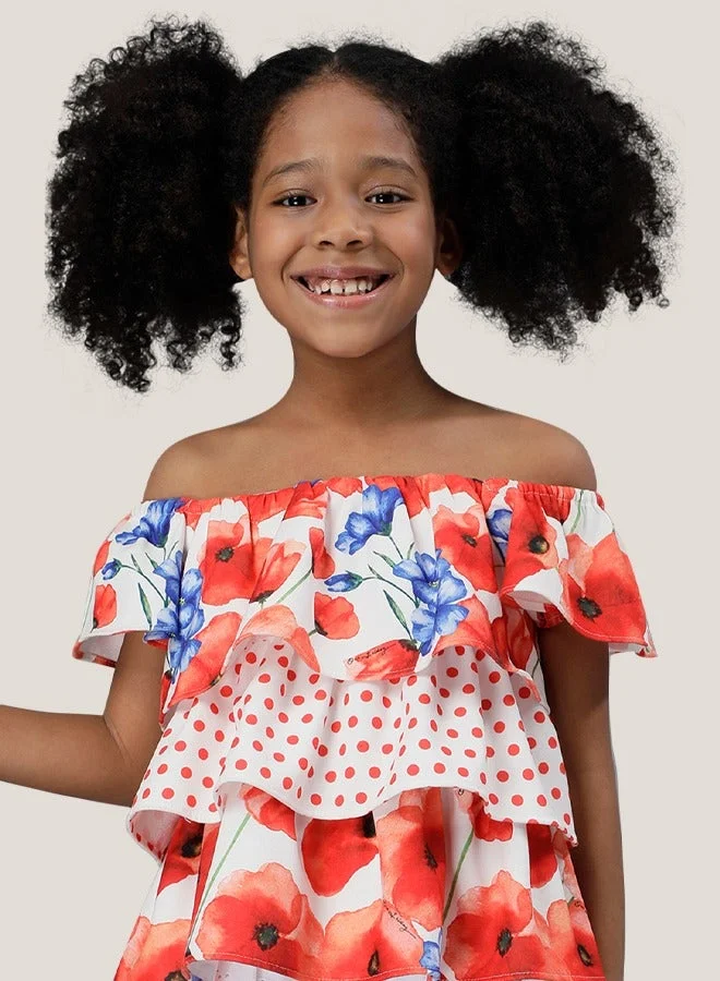 One Friday One Friday Kids Girls Floral Printed Off Shoulder Top With Frills