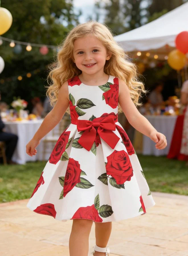 Take Two Girls Floral Print Sleeveless Dress with Bow Detail
