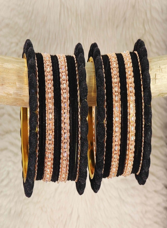 ZULKA Gold Metal Velvet Bangles Chuda Set For Women & Girls with American Diamond & BallChain | Trendy Wedding Chuda Bangles | Ladies Chudi Set | Black Chuda Set - Image 3