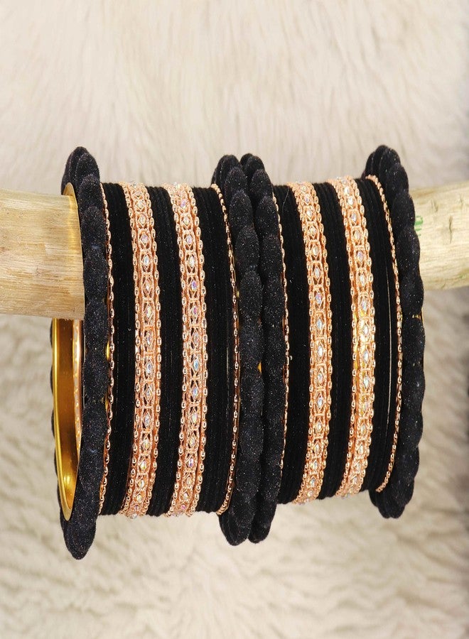 ZULKA Gold Metal Velvet Bangles Chuda Set For Women & Girls with American Diamond & BallChain | Trendy Wedding Chuda Bangles | Ladies Chudi Set | Black Chuda Set - Image 4