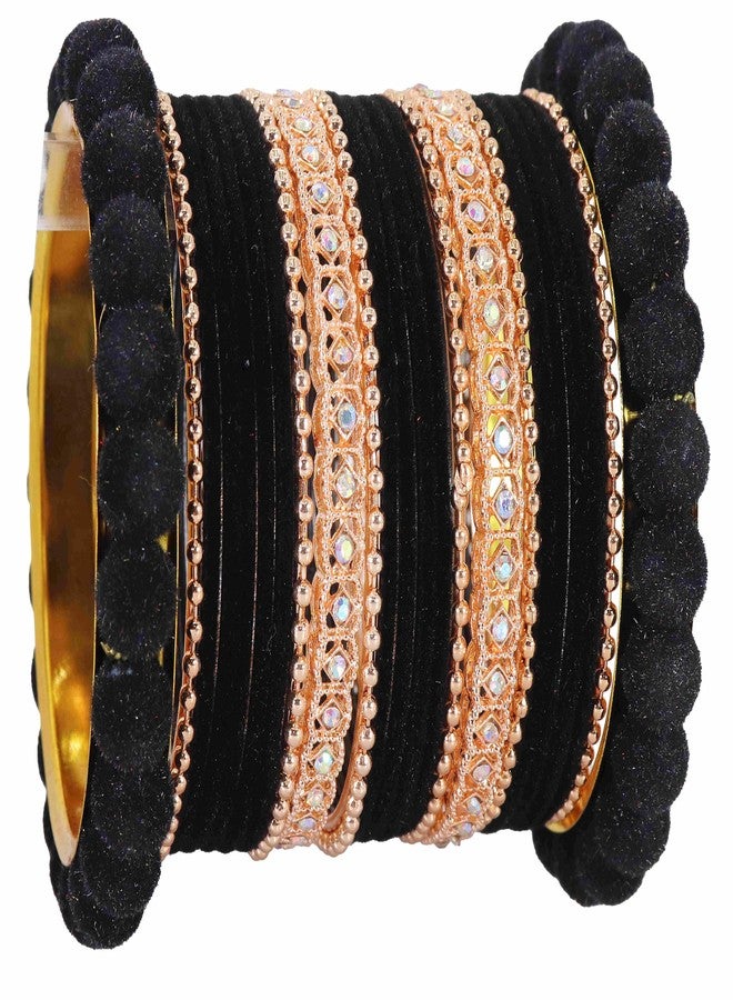 ZULKA Gold Metal Velvet Bangles Chuda Set For Women & Girls with American Diamond & BallChain | Trendy Wedding Chuda Bangles | Ladies Chudi Set | Black Chuda Set - Image 5