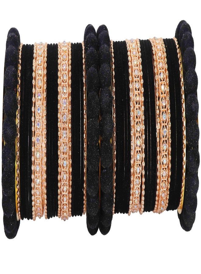 ZULKA Gold Metal Velvet Bangles Chuda Set For Women & Girls with American Diamond & BallChain | Trendy Wedding Chuda Bangles | Ladies Chudi Set | Black Chuda Set - Image 1
