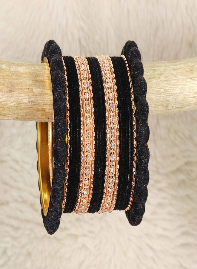 ZULKA Gold Metal Velvet Bangles Chuda Set For Women & Girls with American Diamond & BallChain | Trendy Wedding Chuda Bangles | Ladies Chudi Set | Black Chuda Set - Image 2
