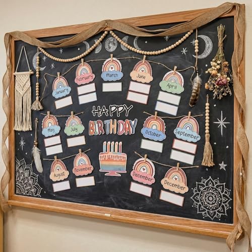 Mindoub Boho Rainbow Happy Birthday Bulletin Board Rainbow Holiday Board Sign Let's Celebrate Happy Birthday Cloud Accents Cutouts for Calendars Bulletin Boards - Image 4