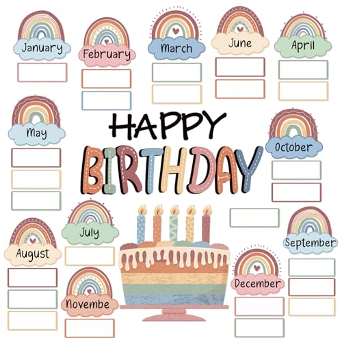 Mindoub Boho Rainbow Happy Birthday Bulletin Board Rainbow Holiday Board Sign Let's Celebrate Happy Birthday Cloud Accents Cutouts for Calendars Bulletin Boards - Image 1