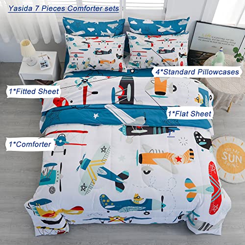 Yasida 7 Piece Airplane Comforter Set for Kids - Full Size Bed in a Bag - Microfiber Bedding for All Season (1 Comforter, 1 Flat Sheet, 1 Fitted Sheet, 4 Pillowcases) - Image 2
