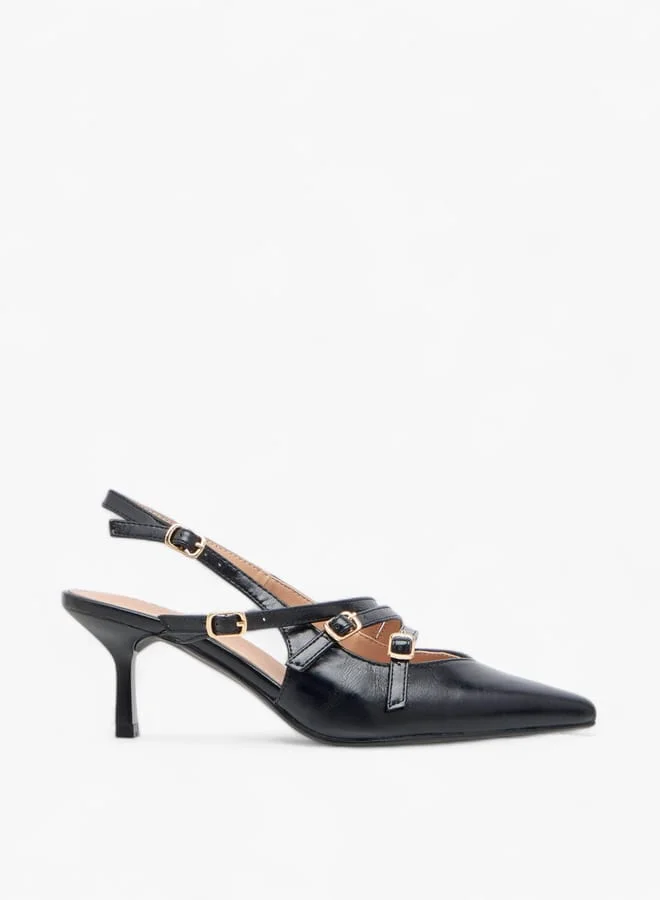 Celeste Women's Pointed Toe Sandals with Kitten Heels and Pin Buckle Closure