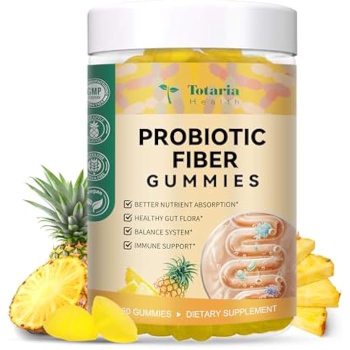 Totaria 9-in-1 Probiotic Prebiotic Fiber Gummies for Adults & Teens, Fiber Supplement Pro with 5 Billion CFU Bacillus Coagulans, Psyllium Husk, FOS, Inulin, ACV for Digestion & Gut, 60 Vegan Pineapple Gummies - Image 1