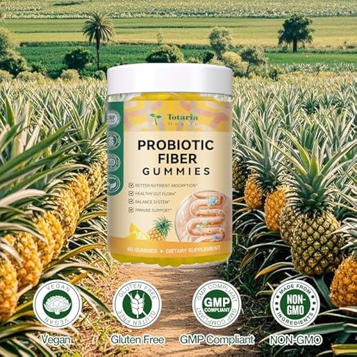 Totaria 9-in-1 Probiotic Prebiotic Fiber Gummies for Adults & Teens, Fiber Supplement Pro with 5 Billion CFU Bacillus Coagulans, Psyllium Husk, FOS, Inulin, ACV for Digestion & Gut, 60 Vegan Pineapple Gummies - Image 4