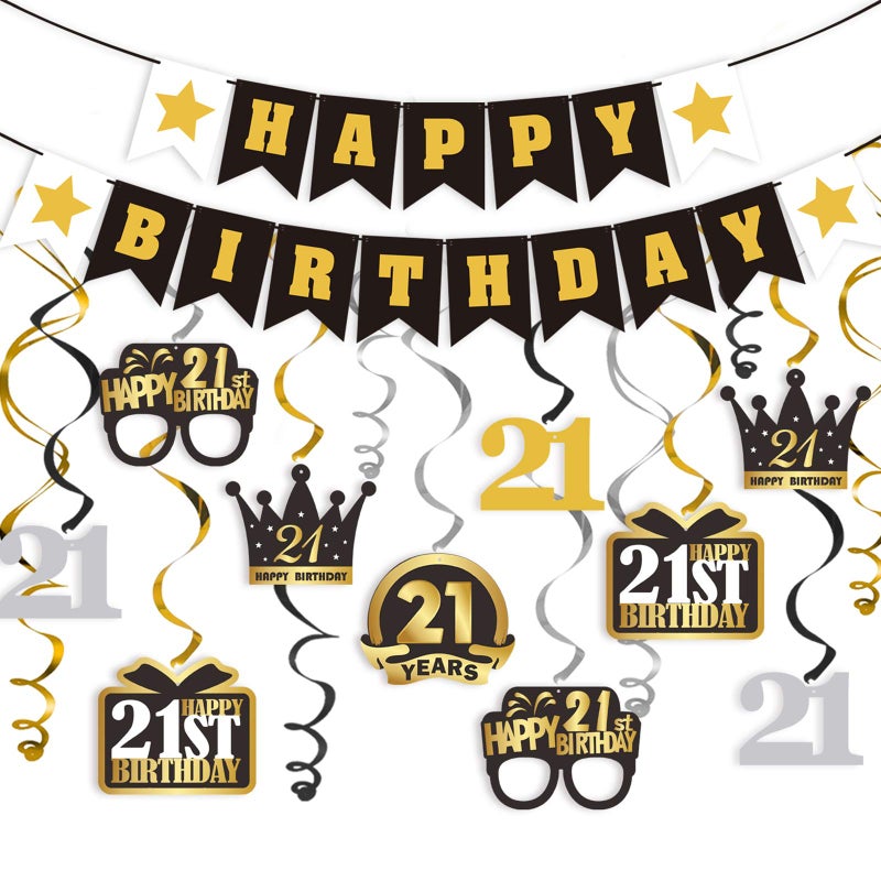 LINGTEER Happy 21st Birthday Decorations Set  12Pcs Black  Gold Swirls StreamerHappy Birthday Bunting BannerCheers to 21 Years Old Bday Party Decorations Gift Sign