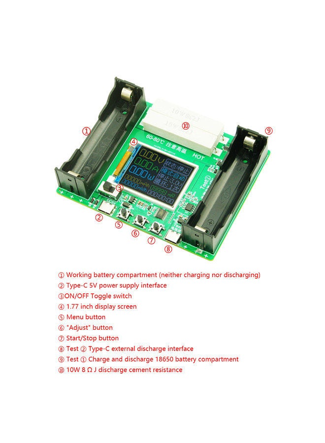18650 Lithium Battery Capacity Tester 1.77inch Display Internal Resistance Measurement Module Type-C Interface with Battery Capacity Division and Running Cycle Function
