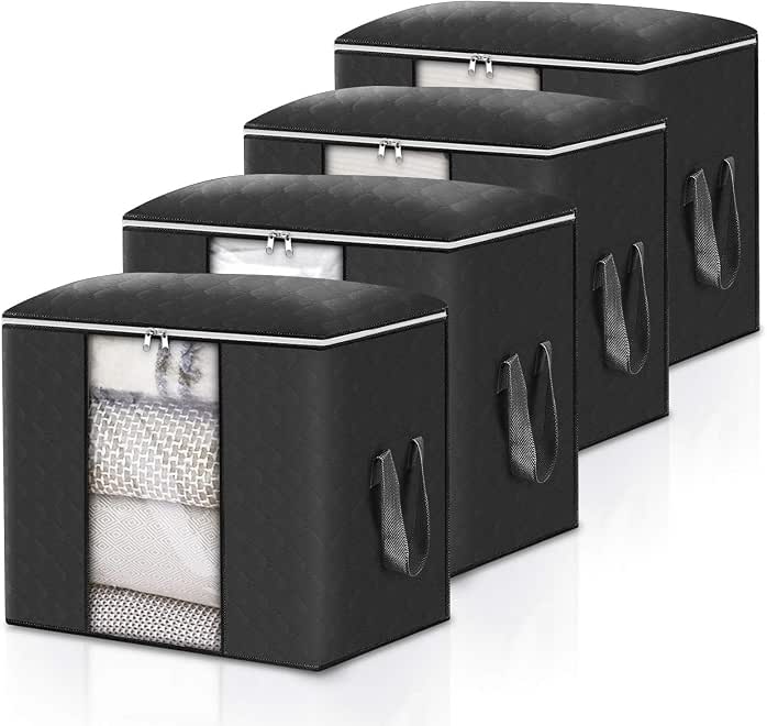 Reinforced Handles & Clear Window Large Capacity Foldable Storage Bag Organizers with Zips, Black, Pack of 4