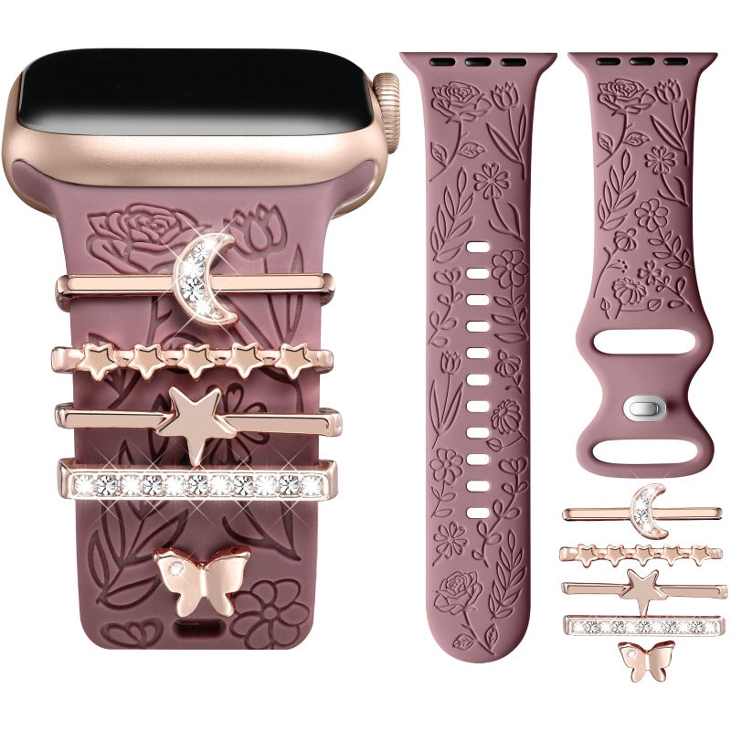 DaQin Flower Engraved Band Compatible with Apple Watch Bands for Women 40mm 38mm 41mm 42mm, Soft Silicone Strap With Dressy Decorative Apple Watch Charms for iWatch Series 11 10 9 8 7 6 5 4 3 2 1 SE - Image 1