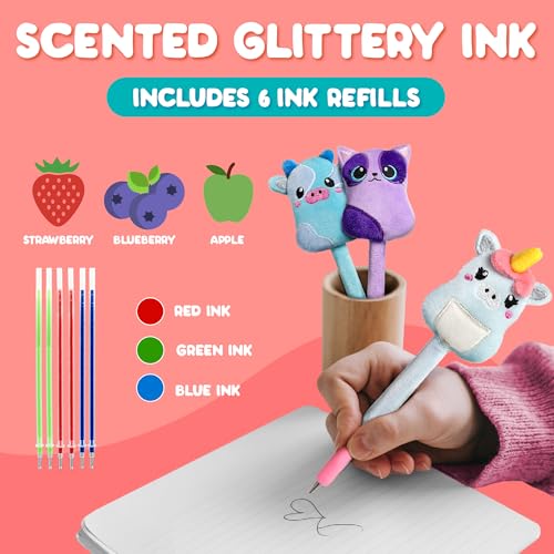 BUNMO Cute Pens 3 Pack - Stocking Stuffers for Kids - 6 Scented & Glittery Refills - Plush Fun Pens for Kids - Stuffed Cute Animals for Girls Kawaii Stationery - Stocking Stuffers for Girls - Image 4