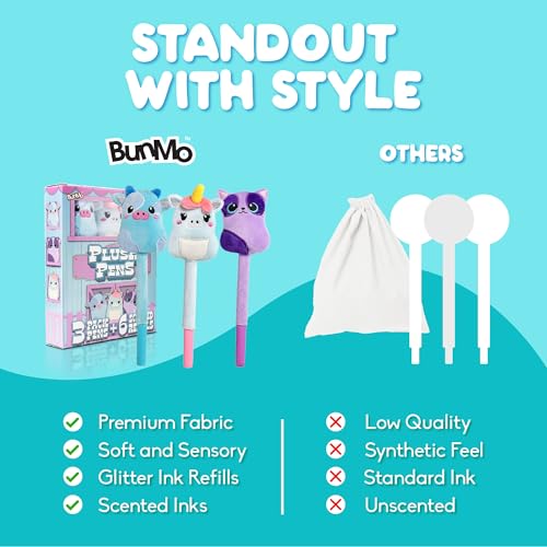 BUNMO Cute Pens 3 Pack - Stocking Stuffers for Kids - 6 Scented & Glittery Refills - Plush Fun Pens for Kids - Stuffed Cute Animals for Girls Kawaii Stationery - Stocking Stuffers for Girls - Image 5