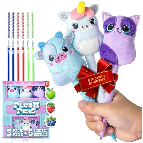 BUNMO Cute Pens 3 Pack - Stocking Stuffers for Kids - 6 Scented & Glittery Refills - Plush Fun Pens for Kids - Stuffed Cute Animals for Girls Kawaii Stationery - Stocking Stuffers for Girls - Image 1
