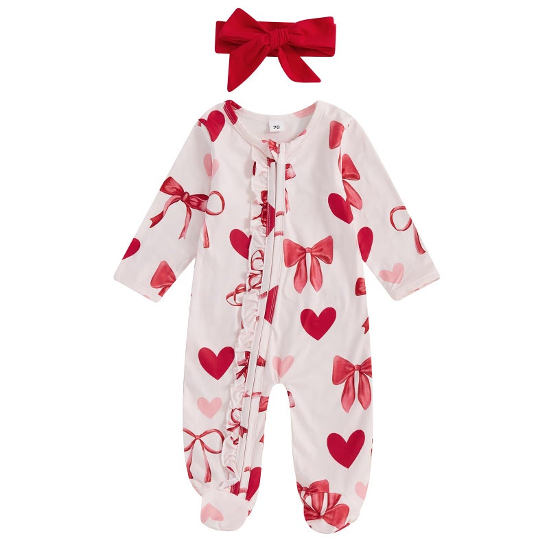 Ayalinggo Valentines Baby Girl Outfit Bowknot Heart Footie Romper Long Sleeve Onesie Newborn Christmas Clothes (Valentines heart bowknot, 3-6 Months) - Image 1