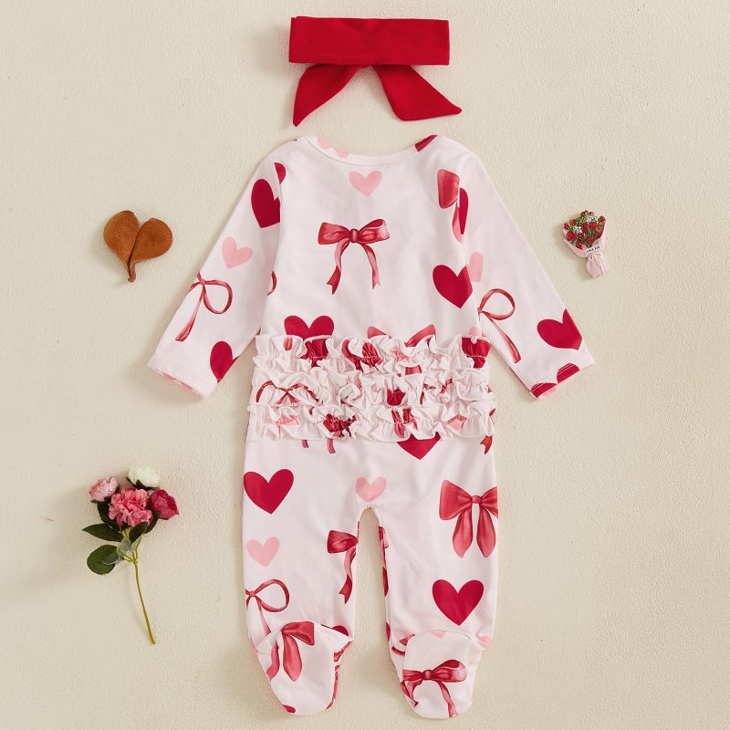 Ayalinggo Valentines Baby Girl Outfit Bowknot Heart Footie Romper Long Sleeve Onesie Newborn Christmas Clothes (Valentines heart bowknot, 3-6 Months) - Image 4