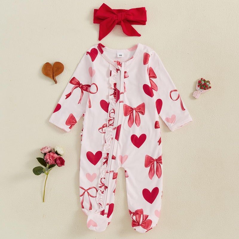 Ayalinggo Valentines Baby Girl Outfit Bowknot Heart Footie Romper Long Sleeve Onesie Newborn Christmas Clothes (Valentines heart bowknot, 3-6 Months) - Image 2