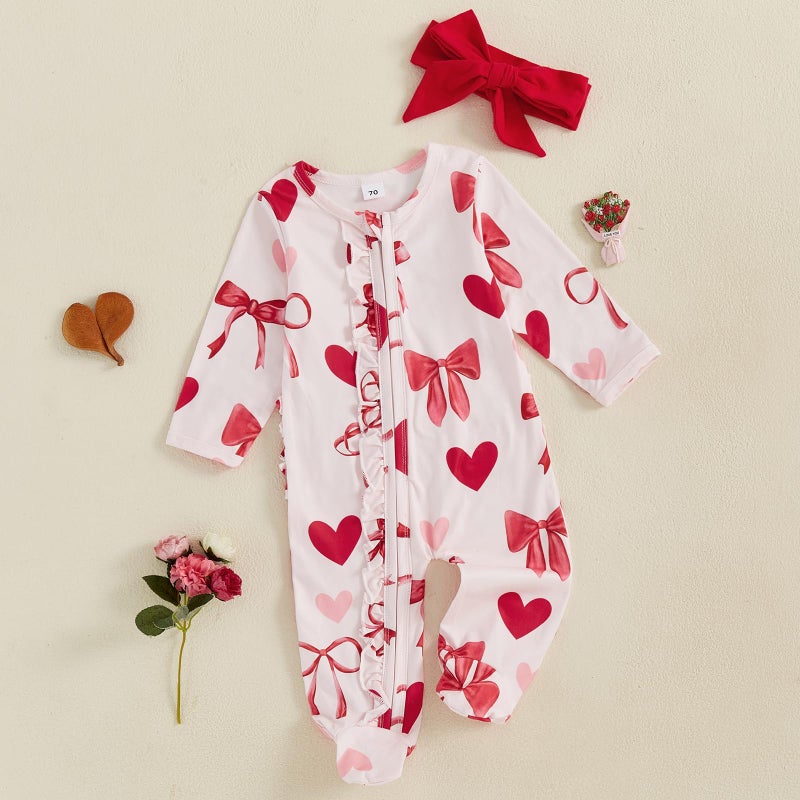Ayalinggo Valentines Baby Girl Outfit Bowknot Heart Footie Romper Long Sleeve Onesie Newborn Christmas Clothes (Valentines heart bowknot, 3-6 Months) - Image 3