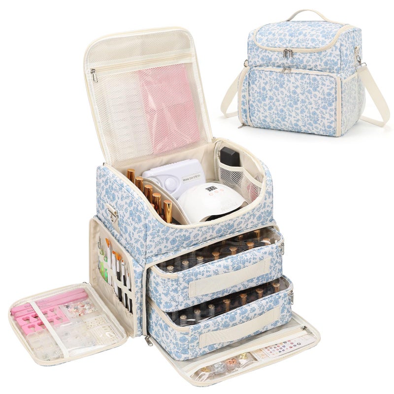 CUBETASTIC Extra Large Nail Polish Organizer Case Holds 86 to 100+ Bottles Nail Polish & Nail Lamp, Nail Supplies Storage Carrying Bag with 2 Removable Pouches (Blue Floral, 86 Slots) - Image 1