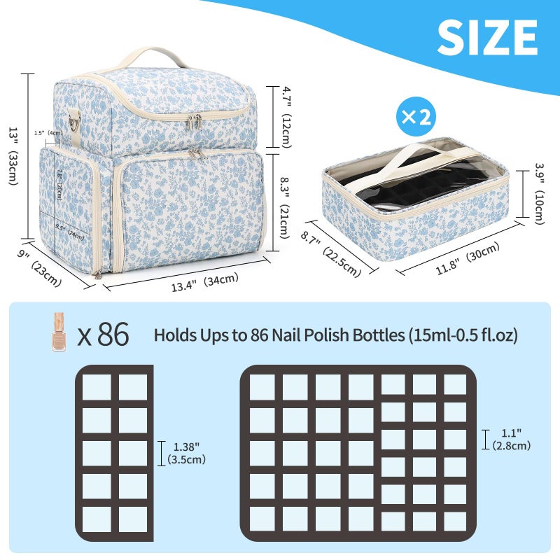 CUBETASTIC Extra Large Nail Polish Organizer Case Holds 86 to 100+ Bottles Nail Polish & Nail Lamp, Nail Supplies Storage Carrying Bag with 2 Removable Pouches (Blue Floral, 86 Slots) - Image 5