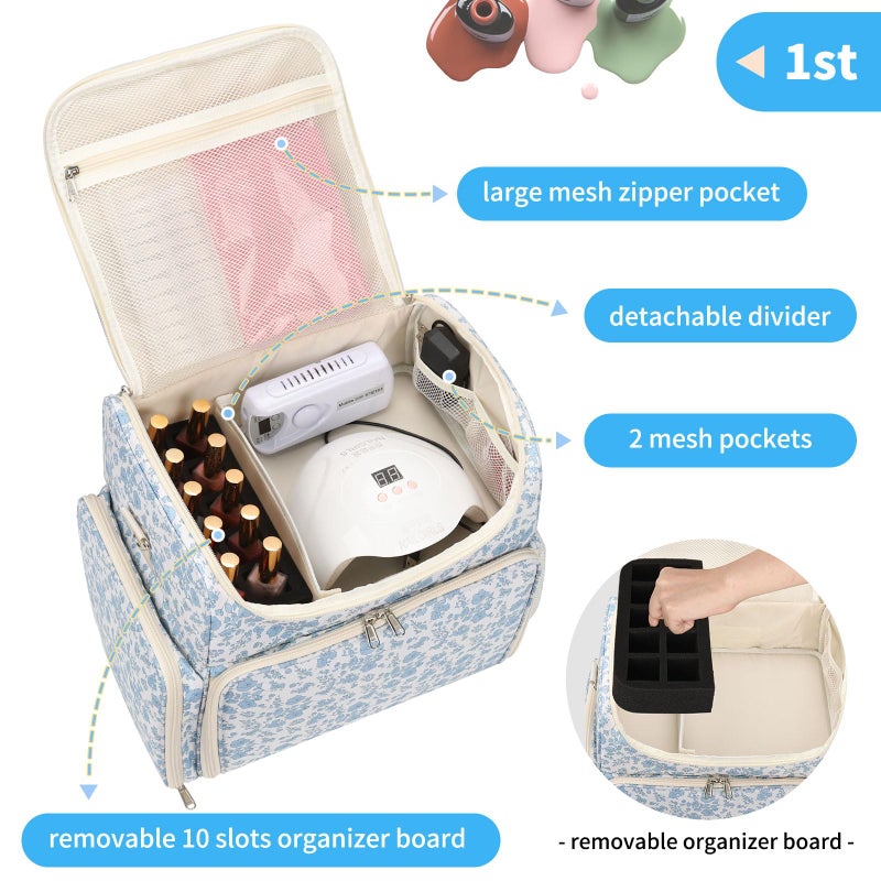 CUBETASTIC Extra Large Nail Polish Organizer Case Holds 86 to 100+ Bottles Nail Polish & Nail Lamp, Nail Supplies Storage Carrying Bag with 2 Removable Pouches (Blue Floral, 86 Slots) - Image 3