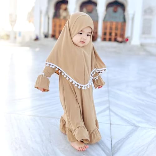 IWEMEK Newborn Infant Muslim Clothes for Baby Girls Abaya Kids Prayer Dress with Hijab Ruffle Toddler Islamic Dress Afghan Kaftan Two Piece Middle East Arabian Dubai Robe Ramadan Eid Outfit Khaki 2-3 Years - Image 4