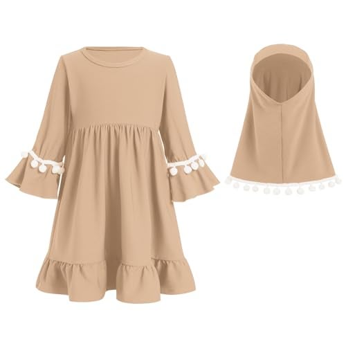 IWEMEK Newborn Infant Muslim Clothes for Baby Girls Abaya Kids Prayer Dress with Hijab Ruffle Toddler Islamic Dress Afghan Kaftan Two Piece Middle East Arabian Dubai Robe Ramadan Eid Outfit Khaki 2-3 Years - Image 5