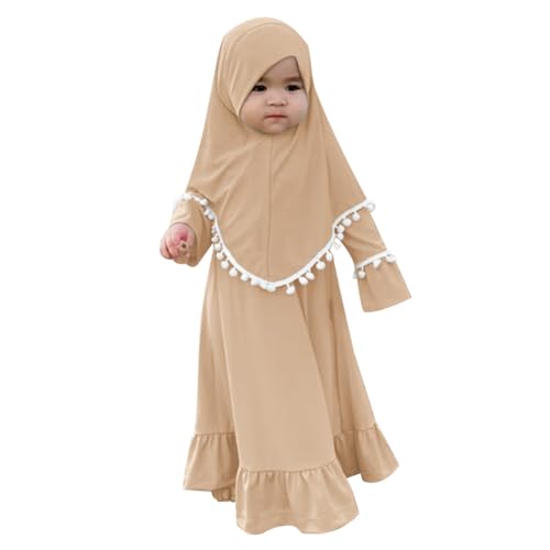 IWEMEK Newborn Infant Muslim Clothes for Baby Girls Abaya Kids Prayer Dress with Hijab Ruffle Toddler Islamic Dress Afghan Kaftan Two Piece Middle East Arabian Dubai Robe Ramadan Eid Outfit Khaki 2-3 Years - Image 2