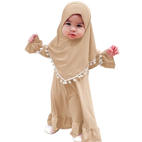 IWEMEK Newborn Infant Muslim Clothes for Baby Girls Abaya Kids Prayer Dress with Hijab Ruffle Toddler Islamic Dress Afghan Kaftan Two Piece Middle East Arabian Dubai Robe Ramadan Eid Outfit Khaki 2-3 Years - Image 1