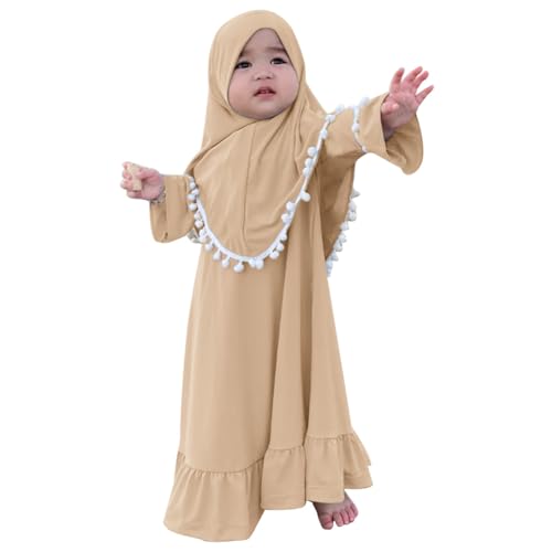 IWEMEK Newborn Infant Muslim Clothes for Baby Girls Abaya Kids Prayer Dress with Hijab Ruffle Toddler Islamic Dress Afghan Kaftan Two Piece Middle East Arabian Dubai Robe Ramadan Eid Outfit Khaki 2-3 Years - Image 3