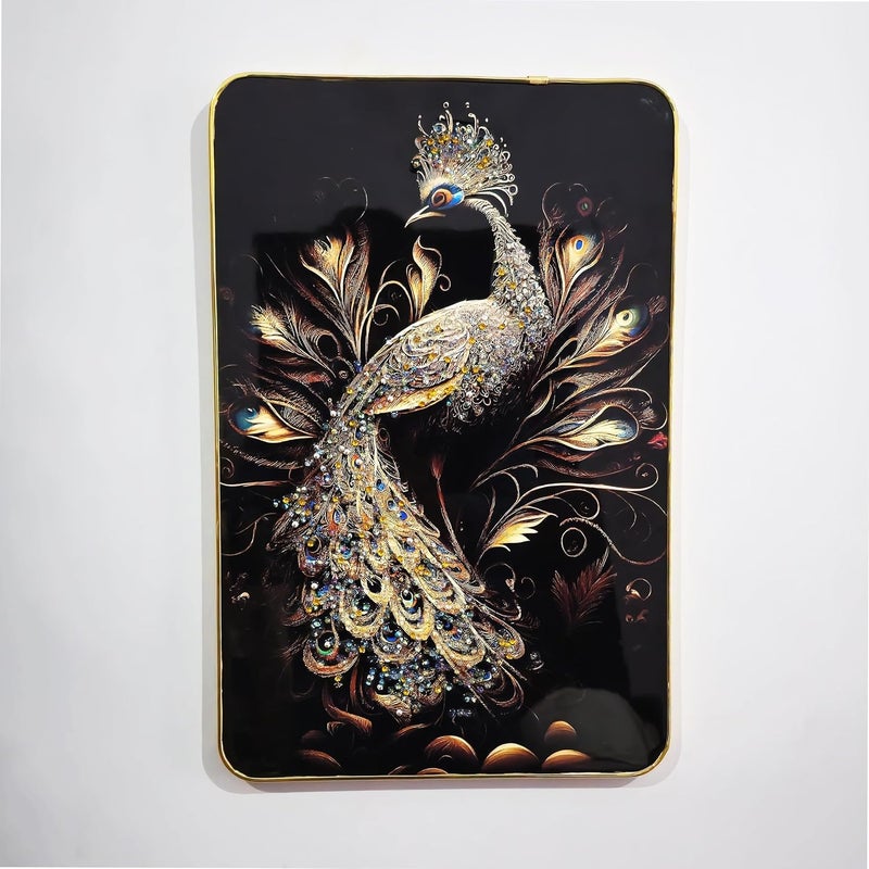 Masstone Decorative Peacock Wall Painting with Crystal Embedded High Gloss Surface Gold Slim Frame Embossed 45x30 cm Wall Hanging Photos Home Dcor Wall Art For Living Room Bedroom Office