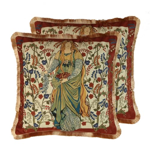 patdrea Designer Vintage Red Velvet Throw Pillow Covers 18x18 Inch,Ancient Civilization Character Floral Pattern,Decorative Square Pillowcases Cushion for Bed Living Room Outdoor Car,Pack of 2 - Image 1