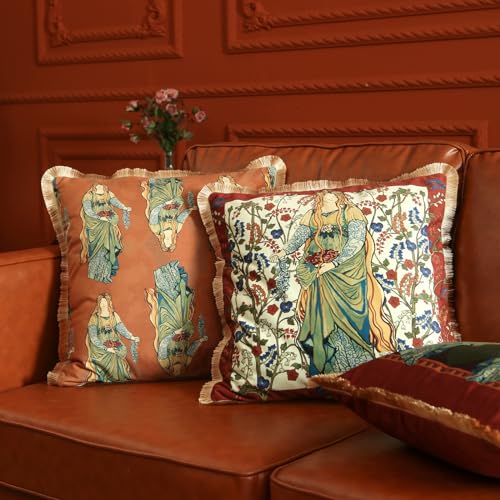 patdrea Designer Vintage Red Velvet Throw Pillow Covers 18x18 Inch,Ancient Civilization Character Floral Pattern,Decorative Square Pillowcases Cushion for Bed Living Room Outdoor Car,Pack of 2 - Image 4