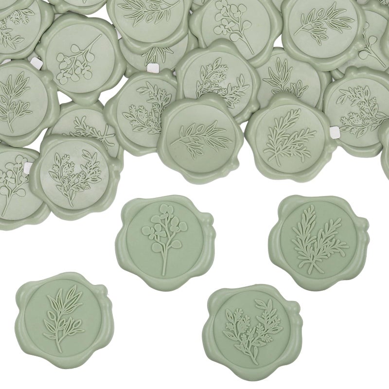 WSICSE 60Pcs Wax Seal Stickers, Wedding Invitation Envelope Seal Stickers Adhesive Backed Sage Green for Wedding, Party,Baby Shower, Gift Wrapping (4 Leaf Styles) - Image 1