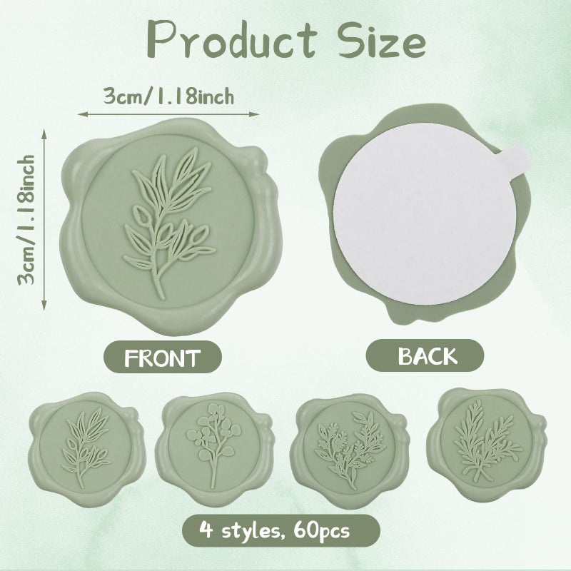 WSICSE 60Pcs Wax Seal Stickers, Wedding Invitation Envelope Seal Stickers Adhesive Backed Sage Green for Wedding, Party,Baby Shower, Gift Wrapping (4 Leaf Styles) - Image 2
