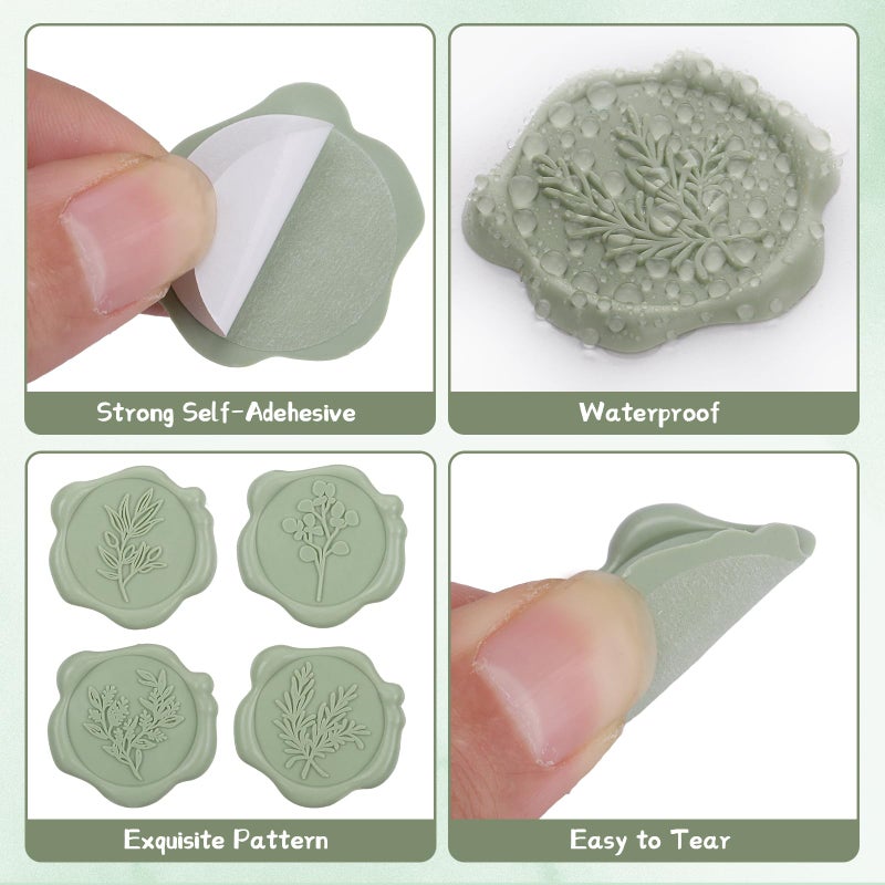 WSICSE 60Pcs Wax Seal Stickers, Wedding Invitation Envelope Seal Stickers Adhesive Backed Sage Green for Wedding, Party,Baby Shower, Gift Wrapping (4 Leaf Styles) - Image 3